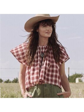 THE GREAT. Red Plaid Short Sleeve Square Neck Top